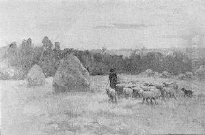 A Shepherd And His Flock Before A Haystack by Auguste Prevot-Valeri