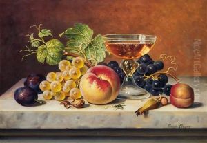 Still Life Of Fruit With Bee On A Tabletop by Emilie Preyer