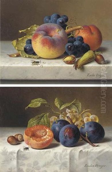 Peaches, Grapes And Plums On A Marble Ledge - view 1