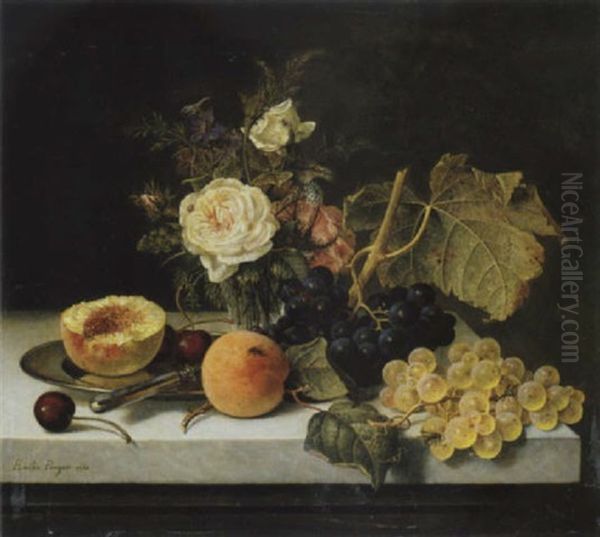 Blumen Und Fruchtestilleben Mit Halbiertem Pfirsich - view 1