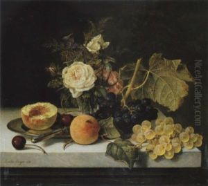 Blumen Und Fruchtestilleben Mit Halbiertem Pfirsich Blumen Und Fruchtestilleben Mit Halbiertem Pfirsich