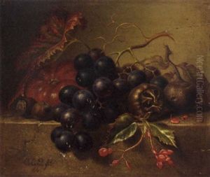 Grapes, Hazelnuts, Figs, Begonia And A Tomato, On A Stone Ledge by Emilie Preyer