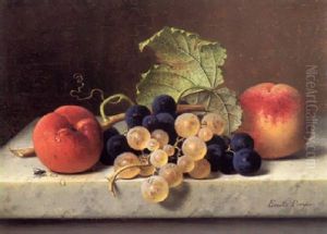 Fruchtestilleben Mit Zwei Pfirsichen Und Trauben Auf Einer Marmortischplatte by Emilie Preyer