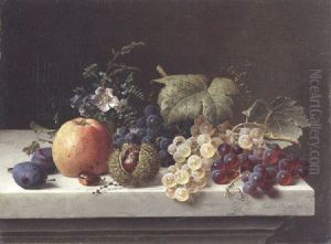 Grapes, Plums, Chestnuts, An Apple And A Vase Of Wild Flowers On A Marble Ledge