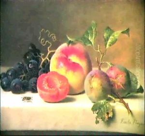 Still Life With Grapes And Peaches On A Marble Ledge by Emilie Preyer