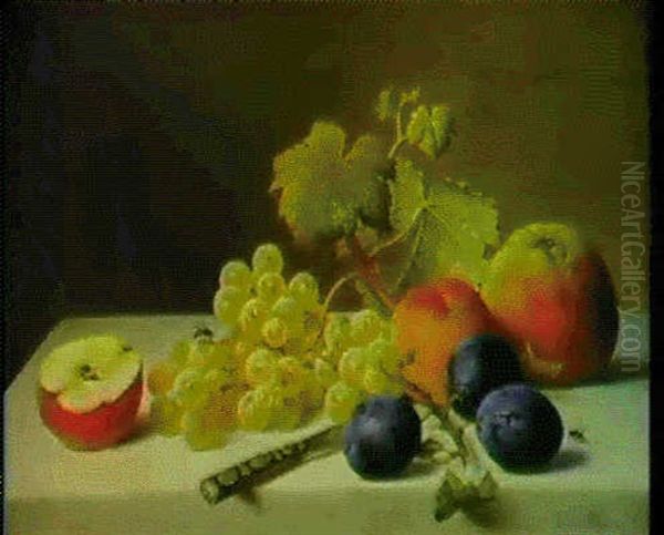 A Still Life Of Fruit And A Knife On A Marble Ledge - view 1