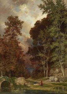 Waldlandschaft Mit Ruinen by Ernest Julius Preyer