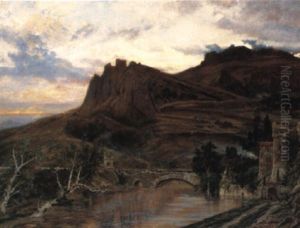 Englische Fluslandschaft Mit Mittelalterlicher Burg by Ernest Julius Preyer