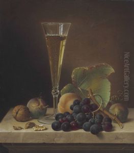 Still Life Of Fruit, Walnuts And A Champagne Flute On A Marble Ledge