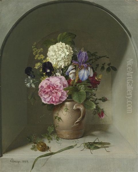 Flowers In A Clay Jug On A Niche With Grasshopper - view 1