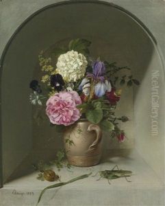 Flowers In A Clay Jug On A Niche With Grasshopper