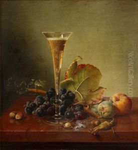 Still Life With Champagne Flute And Grapes by Johann Wilhelm Preyer