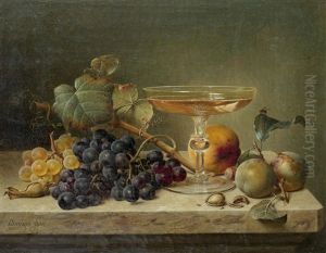 Still Life Of Fruit, Nuts And A Glass On A Marble Ledge by Johann Wilhelm Preyer