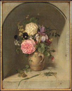 Still Life With Jar, Flowers, Fig & Grasshopper