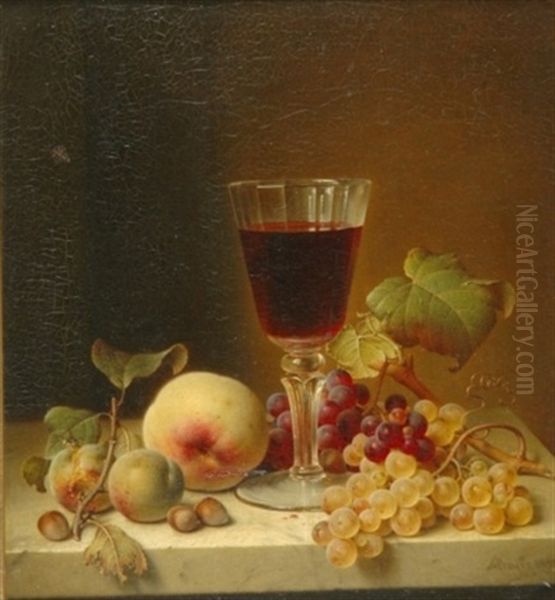 Grapes, Oysters, Lemon, Almonds And A Flute Of Champagne On A Draped Ledge (+ Grapes, Hazelnuts, Lady Apples, Peach And A Glass Of Red Wine On A Marble Ledge; 2 Works) - view 1