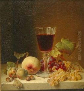 Grapes, Oysters, Lemon, Almonds And A Flute Of Champagne On A Draped Ledge (+ Grapes, Hazelnuts, Lady Apples, Peach And A Glass Of Red Wine On A Marble Ledge; 2 Works)