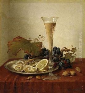 Grapes, Oysters, Hazelnuts And A Champagne Flute On A Draped Ledge by Johann Wilhelm Preyer