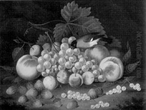 Stilleben Mit Grunem Wein, Pflaumen, Erdberen Und Dompfaff by Johann Wilhelm Preyer