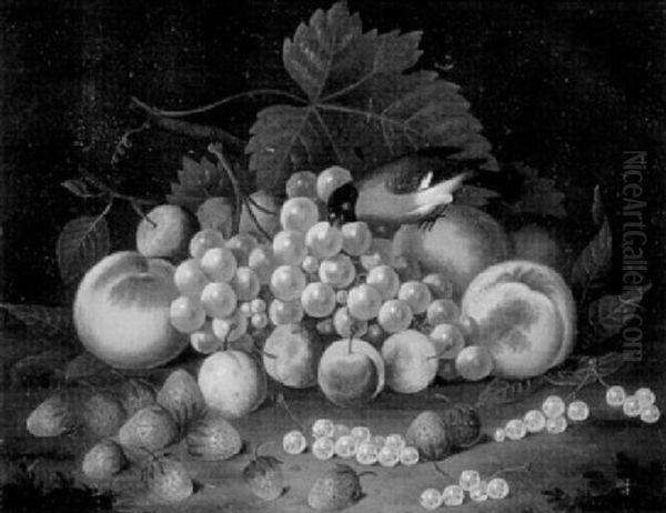 Stilleben Mit Grunem Wein, Pflaumen, Erdbeeren Und Dompfaff - view 1