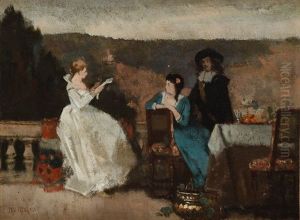Die Vorleserin - Zwei Damen Und Ein Herr Auf Dem Balkon by Paul Preyer