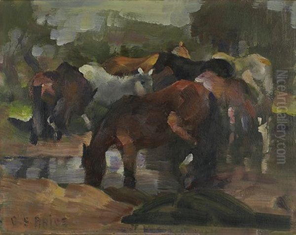 Horses At Watering Hole (also Group Of Horses) - view 1