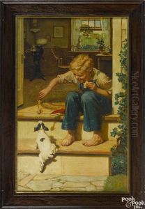 Boy Feeding A Dog A Bone