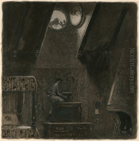 Man Climbing To Escape Through Circular Window (illus. For The Rake And The Hussy) - view 1