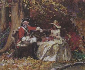 Lieutenant And Beautiful Woman Seated On Bench by Norman Mills Price
