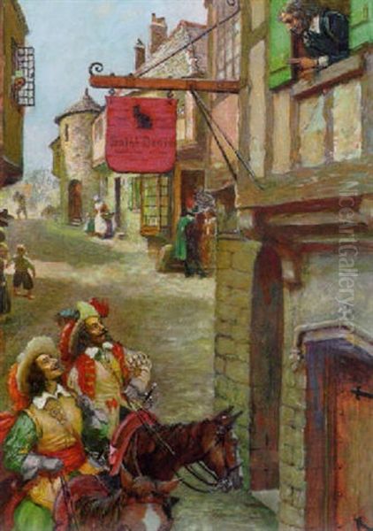 Men On Horseback Calling To Another At Window Of Saint Denis Inn - view 1