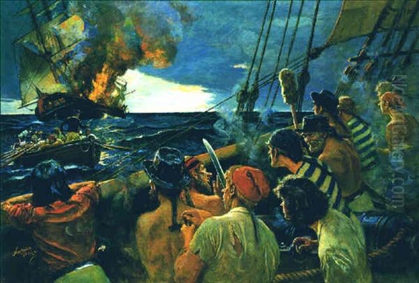 Pirates Watching Ship Burn, Lifeboat Between - view 1