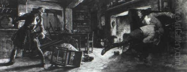 Story Illustration: Fight In Colonial Tavern, Gun Set Off As One Man Rams Into Another - view 1