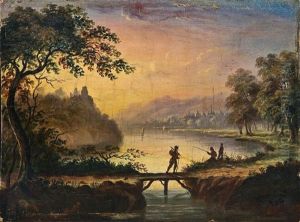Idyllische Seelandschaft Mit Wanderer Und Angler