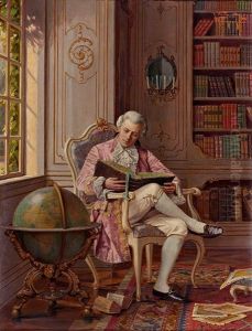Lesender Gelehrter Im Rokokohabit In Einer Schlossbibliothek Neben Grosem Globus by Alois Heinrich Priechenfried