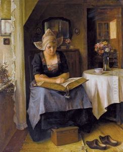 Interieur Mit Lesender Junger Frau In Hollandischer Tracht by Alois Heinrich Priechenfried