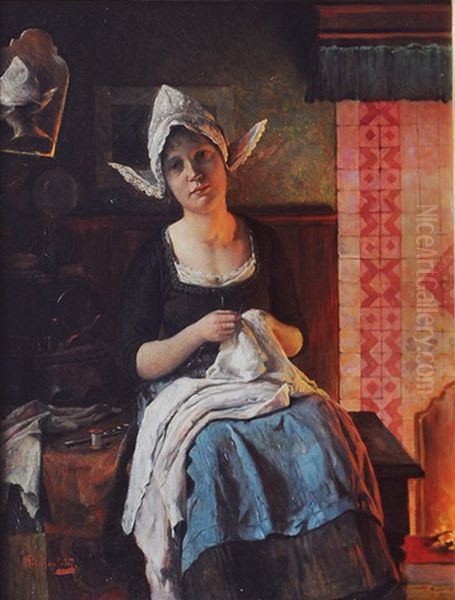 Young Woman Sewing - view 1