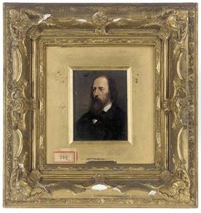 Portrait Of Alfred Lord Tennyson In A Black Suit And Tie (+ Portrait Of Henry Wadsworth Longfellow In A Black Suit; Pair) by Alois Heinrich Priechenfried