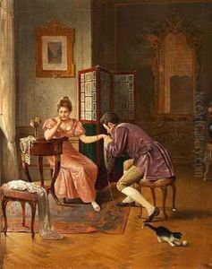 Interior Med En Frierscene. Katten Springer Efter Det Tabte Garnnogle by Alois Heinrich Priechenfried