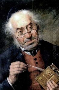 Alter Mann, Mit Einer Feder Eine Uhr Reinigend