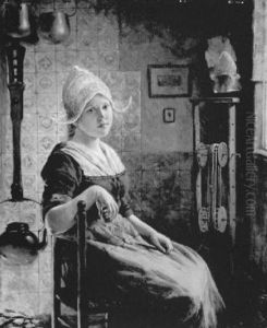 Girl Seated At Spinning Wheel Beside A Hearth