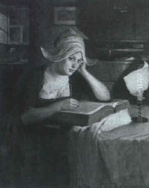 Woman Reading By Lamplight - view 1