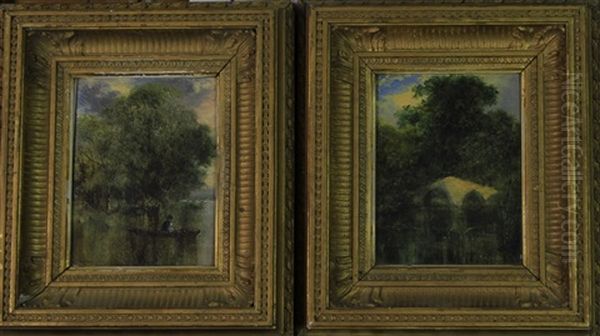 River Scenes, One With Figure Fishing From A Punt, The Other With Double Arched Stone Bridge - view 1