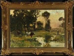 Weidende Kuhe Am Wasser Mit Bauerin Am Steg by Bertram Walter Priestman