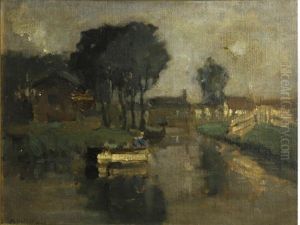 A River View With Houses by Bertram Walter Priestman