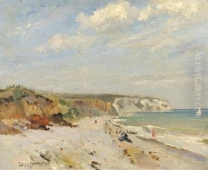 Sunlit Beach Scene At Low Tide by Bertram Walter Priestman
