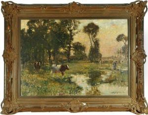 Weidende Kuhe Am Bachlauf by Bertram Walter Priestman