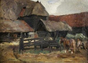 View Of A Farmyard With Heavy Horses by Bertram Walter Priestman