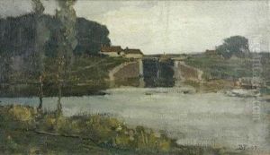 Lock Gates At Camsix At Dusk by Bertram Walter Priestman