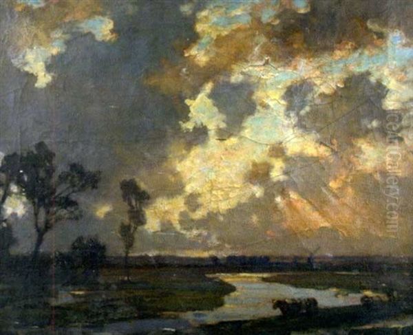 Cattle At A River Estuary At Dusk, With A Windmill In The Distance - view 1