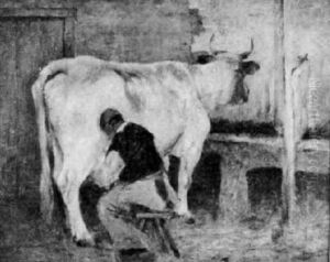 Barn Interior With A Man Milking A Cow