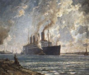 The Aquitania Coming Up Southampton Water by Bertram Walter Priestman
